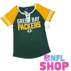 GREEN BAY PACKERS WOMENS GREEN GOLD LACE UP SHORT SLEEVE T-SHIRT SIZE SMALL